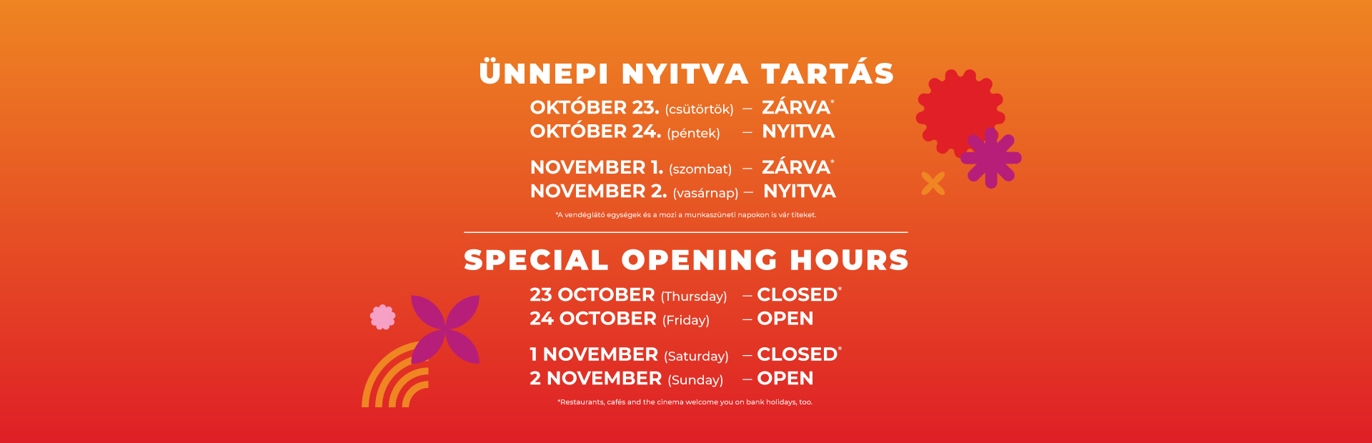 Őszi ünnepi nyitvatartás